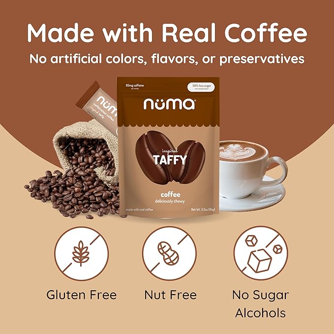 Numa Foods Coffee Chews - Caffeinated Taffy Candy, Low Sugar, High Protein, Low Calorie, All Natural & Gluten Free Candy with Caffeine - 3 Bags with 10 Coffee Candies Individually Wrapped