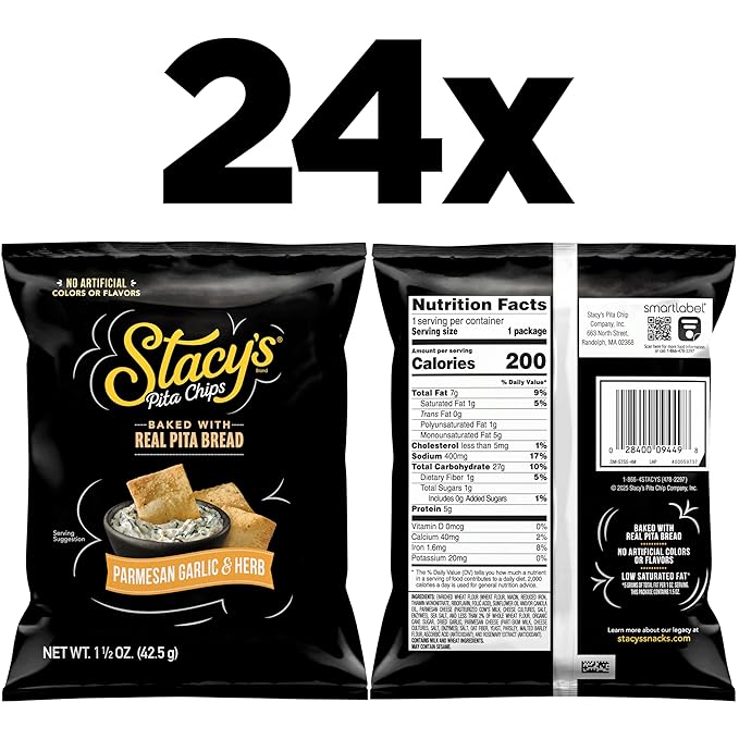 Stacy’s Pita Chips, Parmesan Garlic & Herb, No Artificial Colors or Flavors, 1.5 oz Bags (Pack of 24)