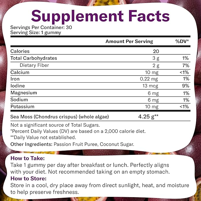 True Sea Moss Gummies – High Potency 4250mg Wildcrafted Irish Sea Moss Gel Extract per Serving + Passion Fruit Flavor – With Coconut Sugar & Real Fruit Purée – 30 Gummies (30 Servings)