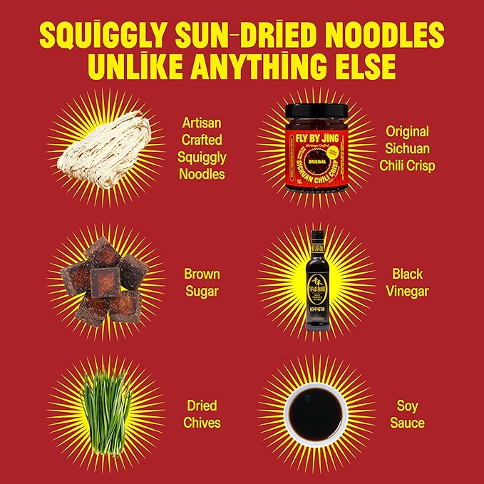 FLYBYJING Chili Crisp Noodles - Sun-Dried, Wavy Asian Instant Noodles Tossed in Sichuan Chili Crisp Sauce - Ready in 6 Minutes - Vegan, High Protein, No MSG, 4.02 oz (Pack of 6)