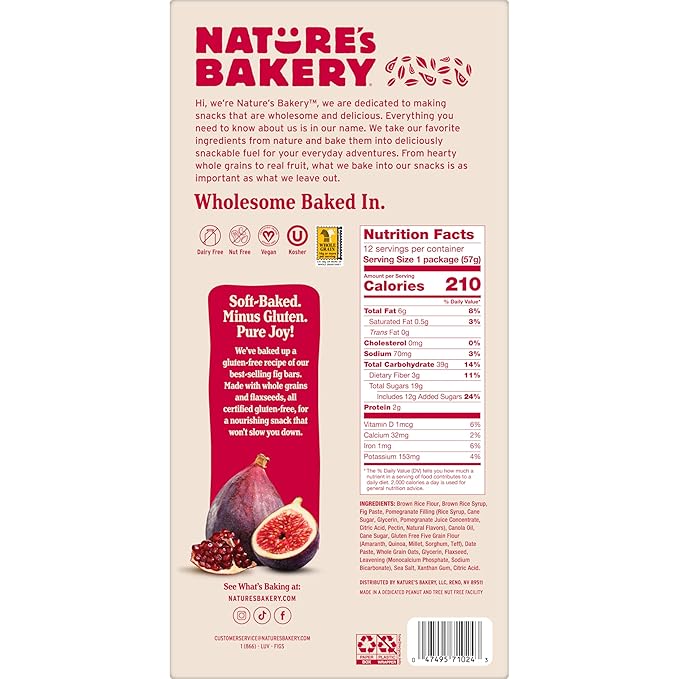 Nature's Bakery Gluten Free Fig Bars, Pomegranate, 1- 12 Count Box of 2 oz Twin Packs (12 Packs), Vegan Snacks, Non-GMO