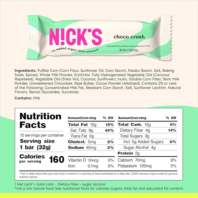 NICKS Choco Crush Chocolate Candy Bar with Salted Corn Puffs, No Added Sugar, Gluten Free, 160 Calories, 1.13 oz – 15-Pack (32g Each)