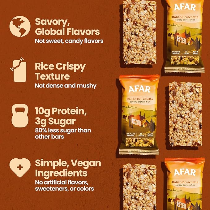 Afar Savory Protein Bars – Low Sugar, High Protein – Healthy Snacks for Adults – Meal Replacement Bar – Rice Crispy Texture – Vegan, Gluten Free (8 Bars, Italian Bruschetta)