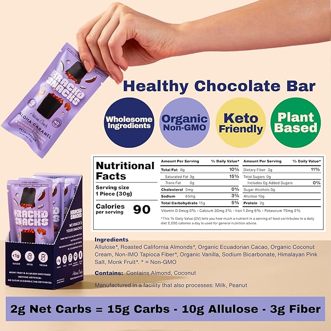 Krack’d Snacks Keto Chocolate Snack Bars - Low Carb, Vegan Chocolate with Almonds and Coconut Caramel - Gluten Free, Sugar Free (Dark Chocolate Aloha Caramel, 5 Pk)