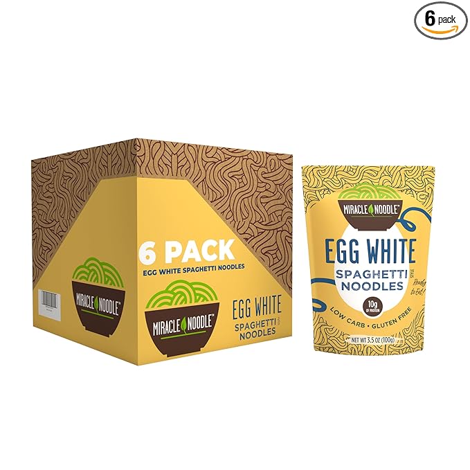Miracle Noodle Egg White Spaghetti Pasta, 3.5 Oz (Pack of 6), Ready to Eat Egg White Noodles, 10g Protein, 45 Calories, 1g Net Carbs Per Serving, High Protein, Keto, Gluten-Free