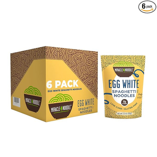 Miracle Noodle Egg White Spaghetti Pasta, 3.5 Oz (Pack of 6), Ready to Eat Egg White Noodles, 10g Protein, 45 Calories, 1g Net Carbs Per Serving, High Protein, Keto, Gluten-Free