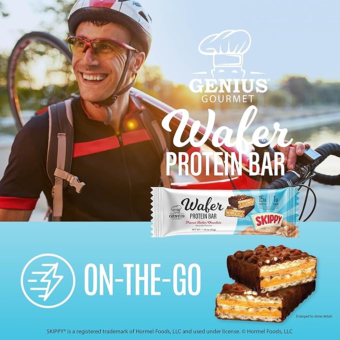 Genius Gourmet SKIPPY® Peanut Butter Chocolate Flavored Wafer Protein Bars,15g Protein per serving (30% DV), 1g Sugar, Chocolatey Snack Bar – 10 Count