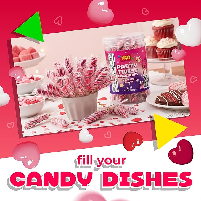 Swirl Lollipops | 2 Jars - 60 Count | Valentine Lollipops | Mixed Fruit Flavor | Pink Candy Individually Wrapped | Twisty Suckers Party Favor Candy for Girls’ Themed Events