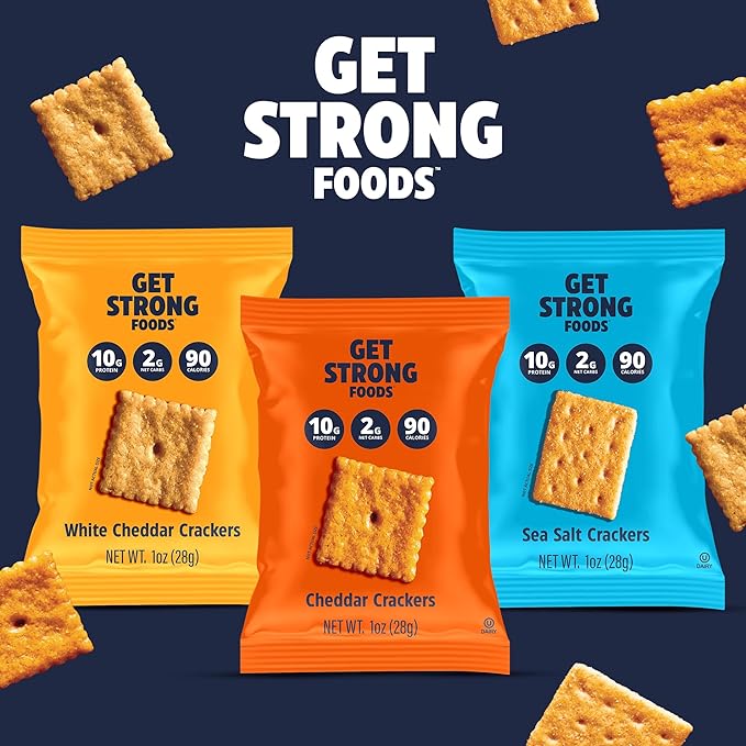 Get Strong Foods Cheddar Cheese Crackers - High Protein Crackers - Keto Friendly, Low Carb, High Fiber Cheese Crisp - Low Calorie, Healthy Snack for Adults and GLP-1, Pack of 8
