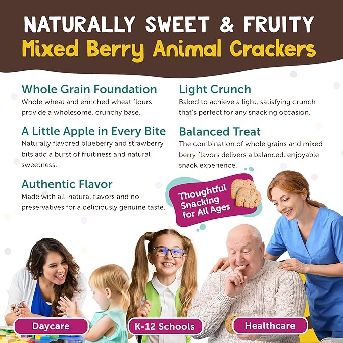 Mixed Berry Animal Crackers, All-Natural Whole Grain Animal Cookies, Healthy & Crispy Animal Bulk Crackers, Made in USA, 4 Bags, 20 Oz by Appleways
