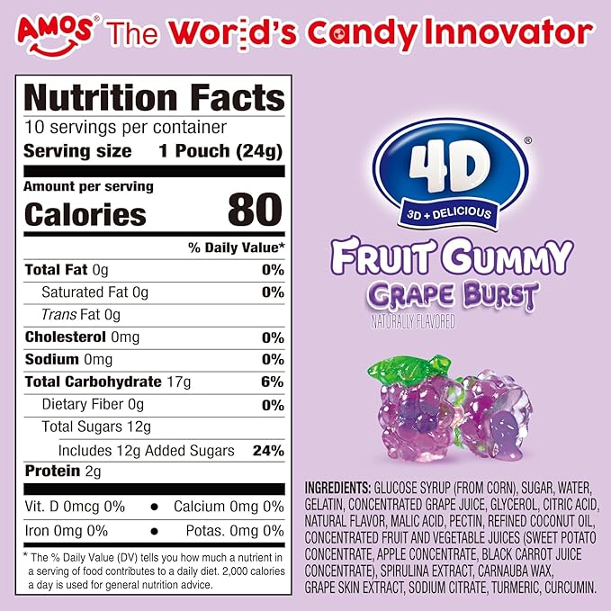 AMOS 4D Gummy Candy Grape Burst – 3D Grape Shaped, Jelly-Filled, Natural Flavor Fruit Gummy – 240g Box (Pack of 10) – Fruit-Filled Gummy Treats for Kids & Adults – Perfect for Parties & Gift Bags