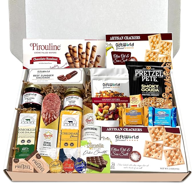 Deluxe Meat and Cheese Gift Basket - Gourmet Charcuterie Assortment Charcuterie Food Items with Imported Chocolates Lindt, Ghirardelli, and Dubai Chocolate, Food Gifts for Men, Tailgating, Business, Care Packages, Holiday Special, and Christmas Gifts -...