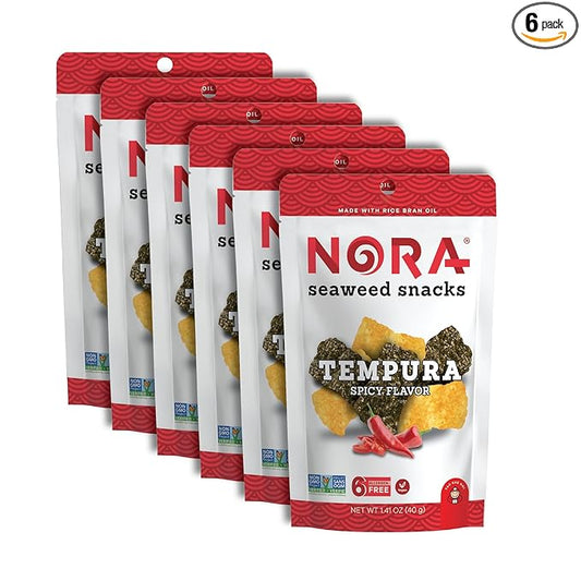 Spicy Tempura Seaweed Snacks by Nora, Thick Nori Sheets Snack Strips, Low-Carb Healthy Snacks for Adults, Asian Snacks, Vegan, Non-GMO, 6-Pack