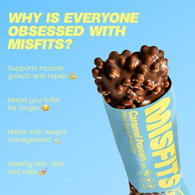 Misfits Vegan Protein Bars - Sweet & Salty Caramel Popcorn | Nutrition Bars - 15g Protein, 1g Sugar, Plant-based, Low Carb, Non-GMO, Gluten Free Snacks | Pack of 12