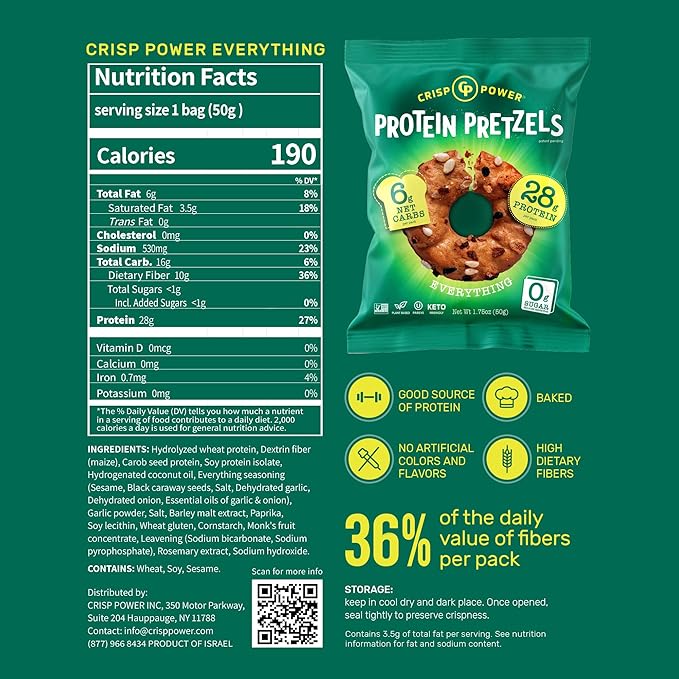 CRISP POWER High Protein Pretzels, Variety Pack With Sea Salt, Sesame, & Everything, 28g Plant-Based Protein Per Bag, Low Carb, Crunchy, No Added Sugar, Keto-Friendly Vegan Snack, 1.75 oz, 6 Pack