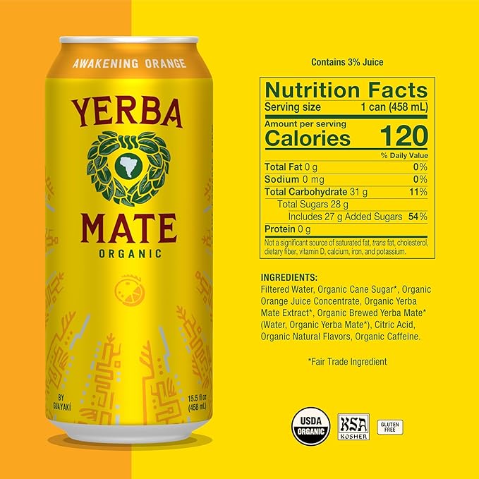 Yerba Madre Organic Yerba Mate, Awakening Orange, 150mg Natural Caffeine, Energy Drink Alternative, No Jitters or Crash, 15.5 Oz Cans (Pack of 12)