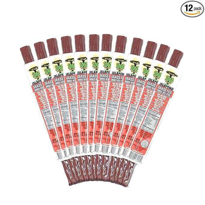 Jalapeno, Sogo Snacks, No Sugar, 100% Grass-fed & Grass-finished, Non-GMO Beef Sticks. No Added Nitates, Gluten, Soy, MSG, Dairy, Nuts. Keto, Whole, Paleo Friendly, 1-oz, 12-count