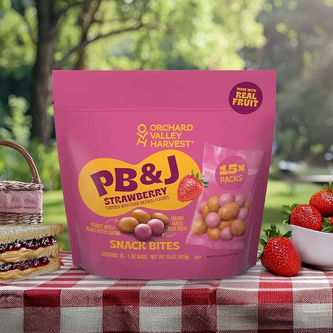 Orchard Valley Harvest Peanut Butter Covered Peanuts & Strawberry Flavored Creamy Coated Fruit Snack Bites, 1oz Bags (Pack of 15), Made with Real Fruit, Perfect On-The-Go Snack