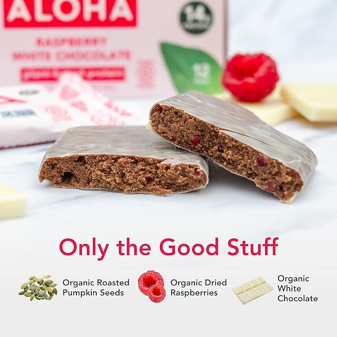 ALOHA Organic Plant Based Protein Bars | Raspberry White Chocolate | 12 Count, 1.98oz Bars | Vegan, Low Sugar, Gluten Free, Paleo, Low Carb, Non-GMO, Stevia Free, Soy Free, No Sugar Alcohol Sweeteners: LIMITED EDITION