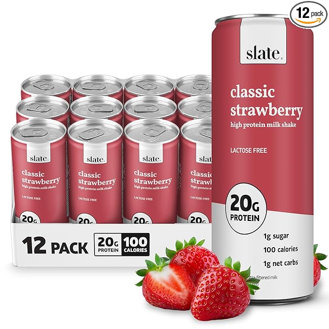 Slate Milk - High Protein Milk Shake - Classic Strawberry - Lactose Free, 20g Protein, 1g Sugar, 100 Calories, 1g Net Carbs, No Added Sugar - Natural, Breakfast Boost, Post Workout - 11 fl oz, 12 Cans