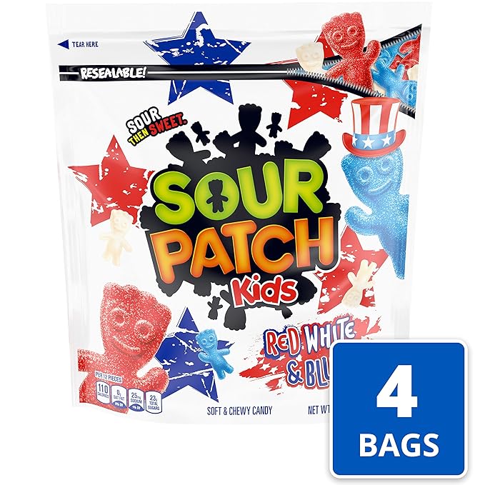 Sour Patch Kids Red, White & Blue Soft & Chewy Candy, Bulk Candy, 4-1.8 lb Bags