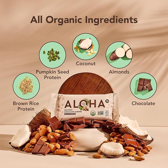 ALOHA Organic Plant Based Protein Bars - Chocolate Coconut Almond, Vegan, Low Sugar, Gluten-Free, Low Carb, Non-GMO, No Stevia, No Erythritol - 12 Count (Pack of 1)