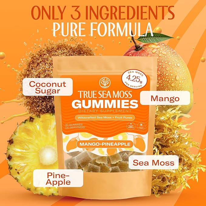 True Sea Moss Gummies – High Potency 4250mg Wildcrafted Irish Sea Moss Gel Extract + Mango Pineapple Flavor – With Coconut Sugar & Fruit Purée – 30 Gummies (30 Servings)