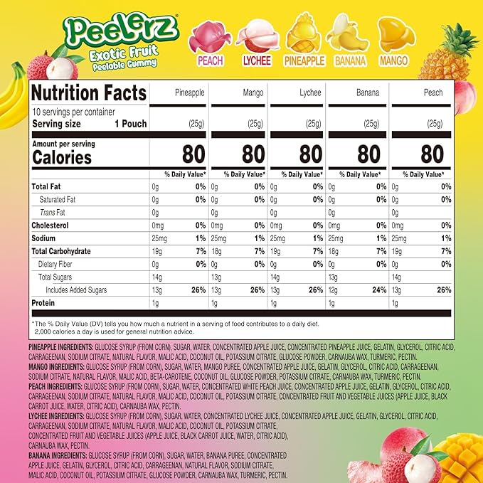 AMOS Peelerz Exotic Fruit Peelable Gummy Candy – 5 Fruit Flavors (Mango, Peach, Banana, Pineapple, Lychee), 8.47oz (240g), Individually Wrapped