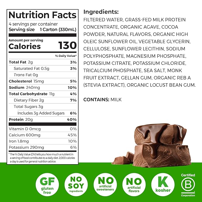 Orgain Clean Protein Shake, Grass Fed Dairy, Creamy Chocolate Fudge - 20g Whey High Protein, Kosher, Ready to Drink, Low Net Carbs, Gluten Free, No Soy Ingredients, 11 Fl Oz (Pack of 4)