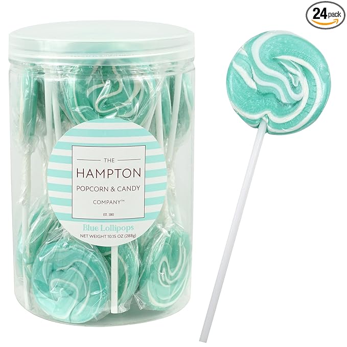 Aqua Light Blue Lollipops, 24 Pack, Blue Suckers, Blue Lollipops Individually Wrapped, Blue Lollipop Suckers Bulk, The Hampton Popcorn & Candy Company