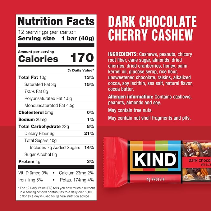 KIND Nut Bars, Dark Chocolate Cherry Cashew, Healthy Snacks, Gluten Free, 4g Protein, 24 Count
