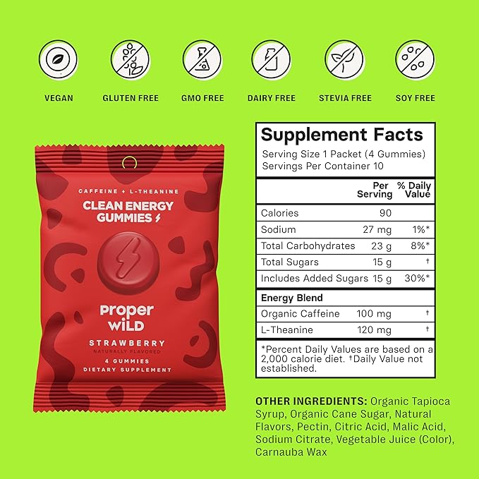 Proper Wild Vegan Energy Gummies with L-Theanine & Organic Caffeine, Clean Energy & Focus, Plant-Based, Gluten-Free, Non-GMO, Dairy-Free, Stevia-Free, Soy-Free, Strawberry (10-Pack)