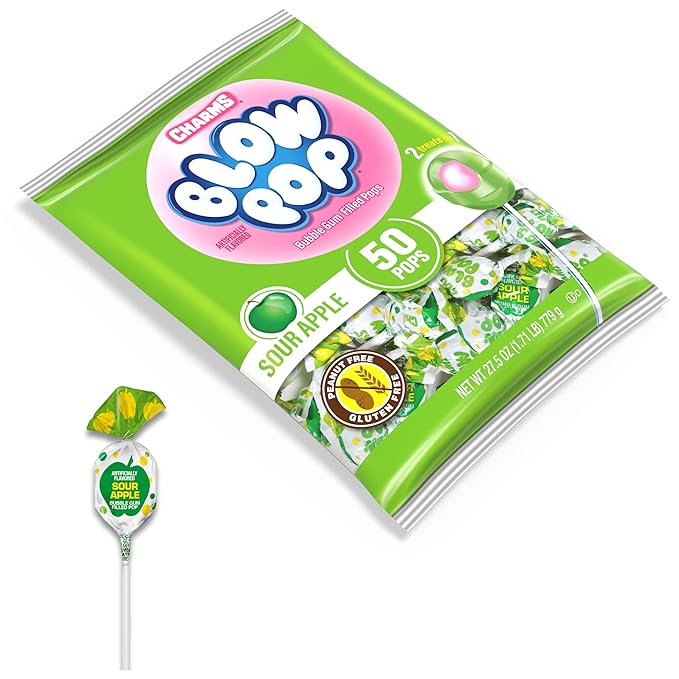 Charms Blow Pop Single Flavor Bag - Sour Apple Flavored Lollipops with a Bubble Gum Center - Individually Wrapped Hard Candy - Green Candy - Peanut Free, Gluten Free, 50 Count (Pack of 1)