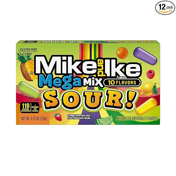 Mike and Ike Candy, Mega Mix Sour, 4.25oz Theater Box, Pack of 12