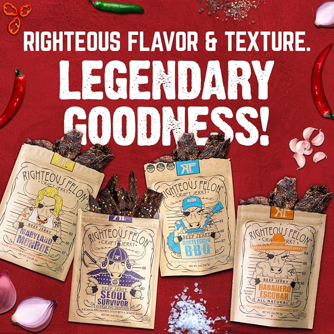 Righteous Felon Beef Jerky Variety Pack | Gluten Free Snack Packs for Adults | High Protein, Keto, Low Sugar | Made with Premium Meats | Valentines Day Gifts for Men | Spicy Jerky 4 Pack