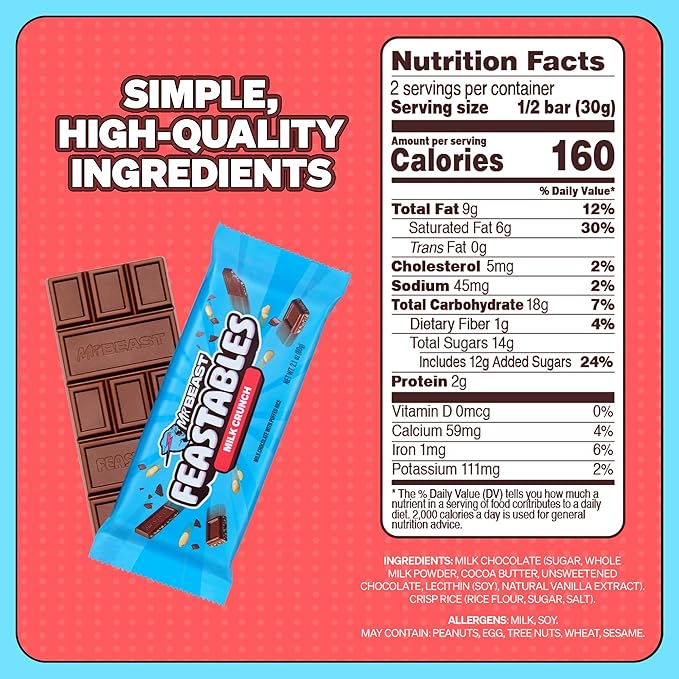 Feastables MrBeast Milk Chocolate Crunch Chocolate Bar, King Size Candy Bar for Adults & Kids, Candy Bars for Snacks, Gifts, & Dessert, Sweet & Creamy Quality Fairtrade Cocoa, 2.1 Oz Each, 10 Count