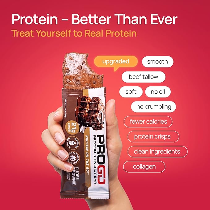 ProGo Protein Bars, Energy Bars - 21g Clean Protein, Made with 95% Pure Isolate, Tallow, Collagen, Real Ingredients - Low Calorie, No Artificial Sweeteners (20-Count, Fudge Brownie)