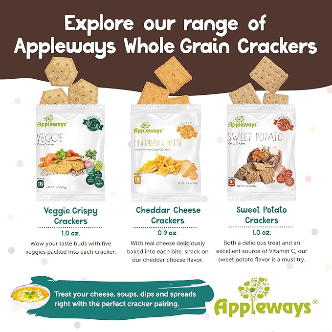 Appleways Vegetable Crackers, 108 Count, 1.0 Oz Each - Individually Wrapped Crispy Veggie Crackers, Healthy and All Natural Veggie Snacks - Savory, On the Go Whole Grain Vegetable Snacks, Made in USA