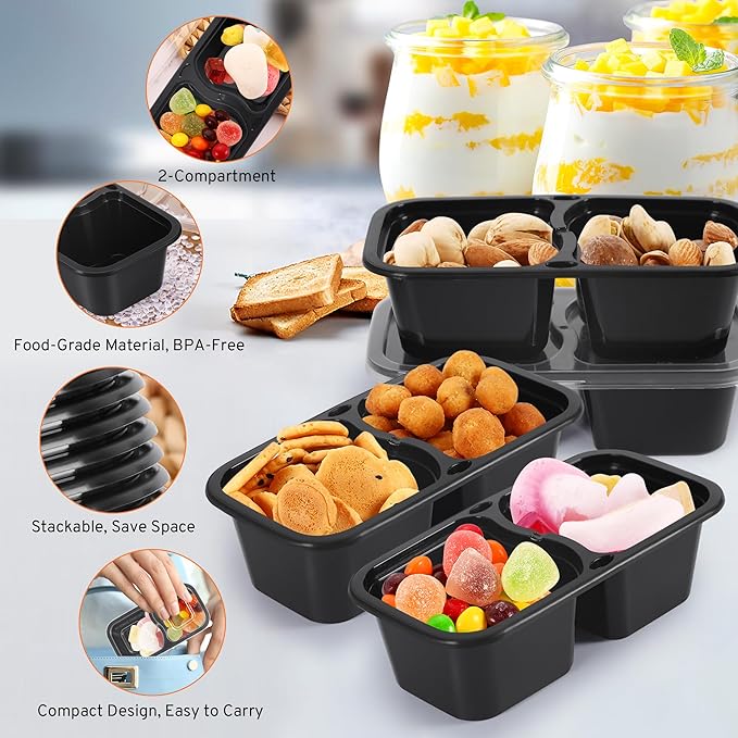 20 Set Snack Containers with Lids & Spoons, Reusable Double Compartment Condiment Containers for Lunches Picnics Parties, BPA-Free, Microwave Safe, Black
