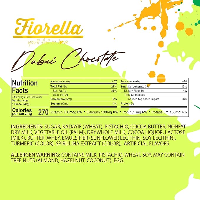 Fiorella Dubai Chocolate Bar Pistachio, Luxury & Premium Dubai Milk Chocolate Bar Filled with Pistachio Butter & Shredded Knafeh Kadayif, Snacks for Kids & Adults - 7.05 Oz