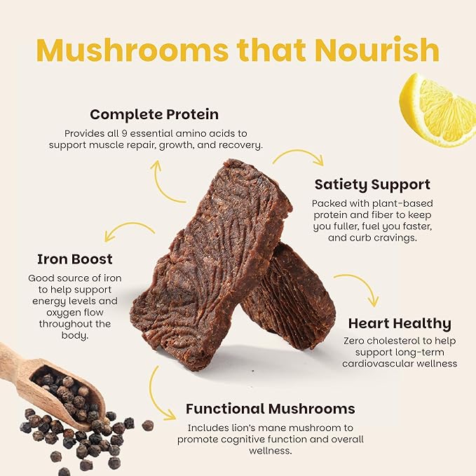 Mourish Vegan Mushroom Bites, Lemon Pepper Flavor, 1 Pack (2 oz), Good Source of Protein and Fiber, Plant Based Meat Jerky, Gluten Free, Meatless Healthy Snacks for Hiking, Work, Travel & School