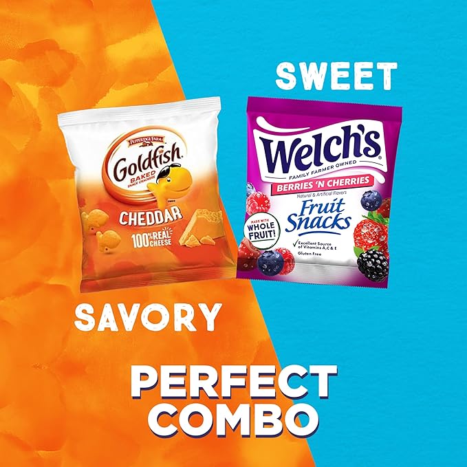 Goldfish and Welch’s Fruit Snacks for Back to School, 1 Box of Goldfish Cheddar Cheese Snack Packs (20 Count) and 1 Box of Welch’s Berries ‘N Cherries Fruit Snack Packs (40 Count)