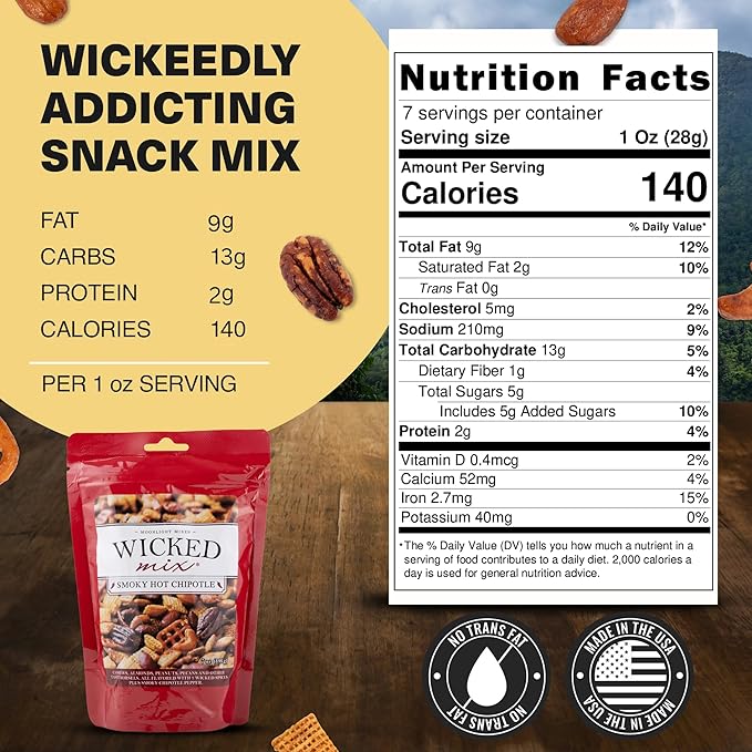 Wicked Mix Snack Mix with Mixed Nuts - Sweet and Salty Snacks Trail Mix Snack Packs with Almonds, Cashews, Pretzels, Pecans - Healthy Snacks Zero Trans Fat in Resealable Bag (Smoky Hot Chipotle, Pack of 3)
