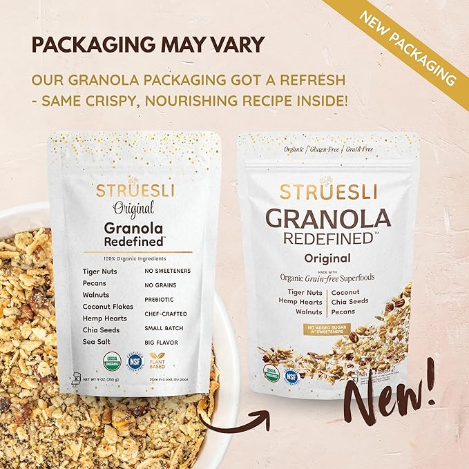 Struesli Original Organic Granola, Grain & Gluten Free, Healthy Snacks with Chia Seeds, Nuts and Sea Salt, Prebiotic High Fiber Food for Yogurt, Cereal & More, Plant Based, Keto & Paleo Friendly, 9 Oz