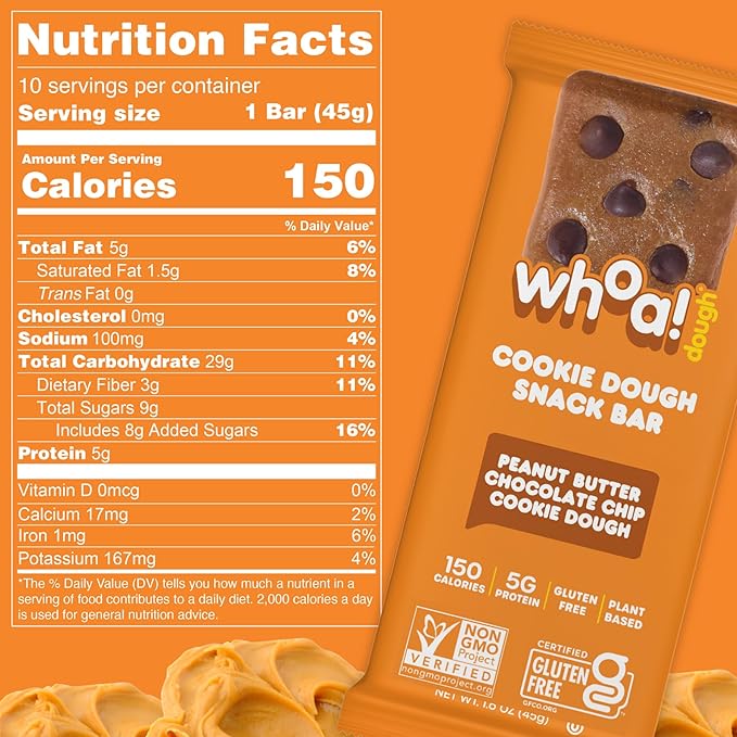 Whoa Dough Edible Cookie Dough Bars- Certified Non-GMO, Kosher and Gluten Free Bars - Healthy Snack Foods - Plant Based Snacks - Peanut Butter Chocolate Chip Cookie Dough - 4 Pack