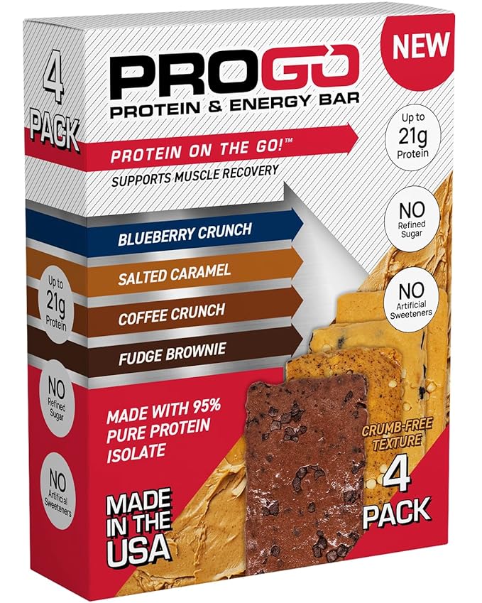 ProGo Protein Bars, Energy Bars - Up to 21g Clean Protein, Made with 95% Pure Isolate, Tallow, Collagen, Real Ingredients - Low Calorie, No Artificial Sweeteners (4-Count, Starter Pack)