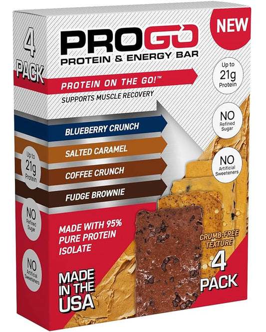 ProGo Protein Bars, Energy Bars - Up to 21g Clean Protein, Made with 95% Pure Isolate, Tallow, Collagen, Real Ingredients - Low Calorie, No Artificial Sweeteners (4-Count, Starter Pack)