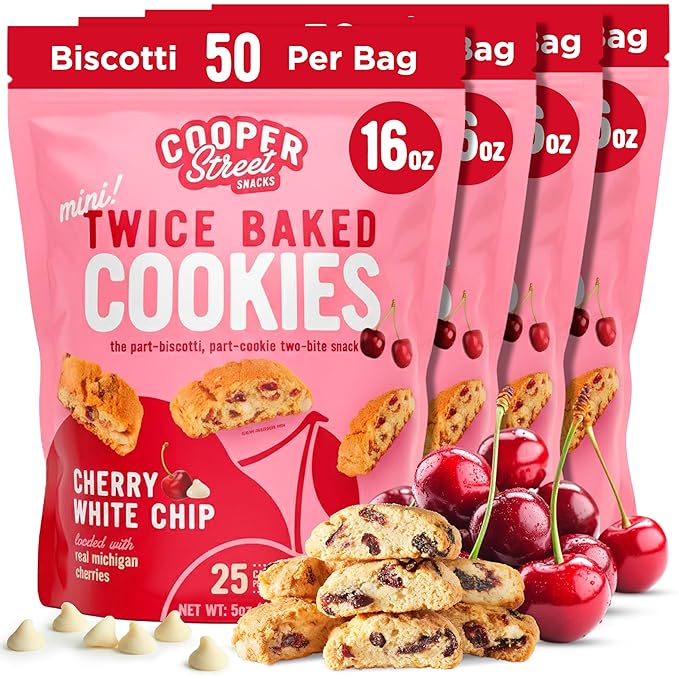 Cooper Street Twice-Baked Cherry White Chip Biscotti Cookies (16 oz Pack of 4) – Over 50 Biscotti Cookies per Bag Loaded with Real Fruit, Traditional Italian Style Snacks - Dairy, Peanut & Soy Free