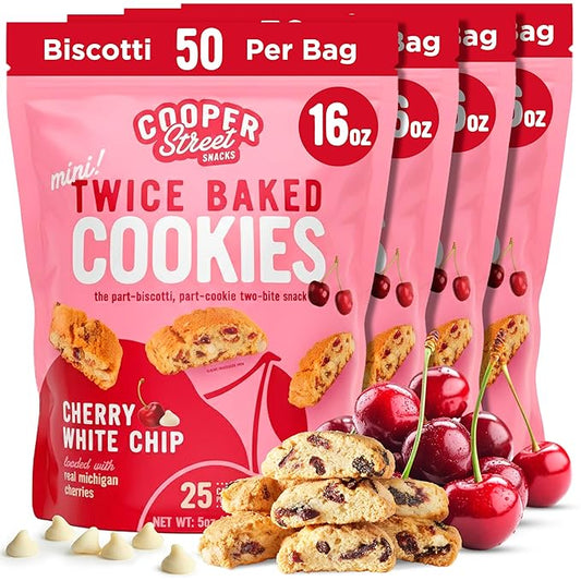 Cooper Street Twice-Baked Cherry White Chip Biscotti Cookies (16 oz Pack of 4) – Over 50 Biscotti Cookies per Bag Loaded with Real Fruit, Traditional Italian Style Snacks - Dairy, Peanut & Soy Free