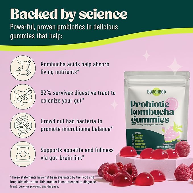 BoochBod - Probiotic Kombucha Gummy - Prebiotics, Probiotics, Postbiotics, Fiber Supplement, Slippery Elm, Dandelion Root, MCT Oil, for Bloating, Gut Health - Probiotics for Women and Men